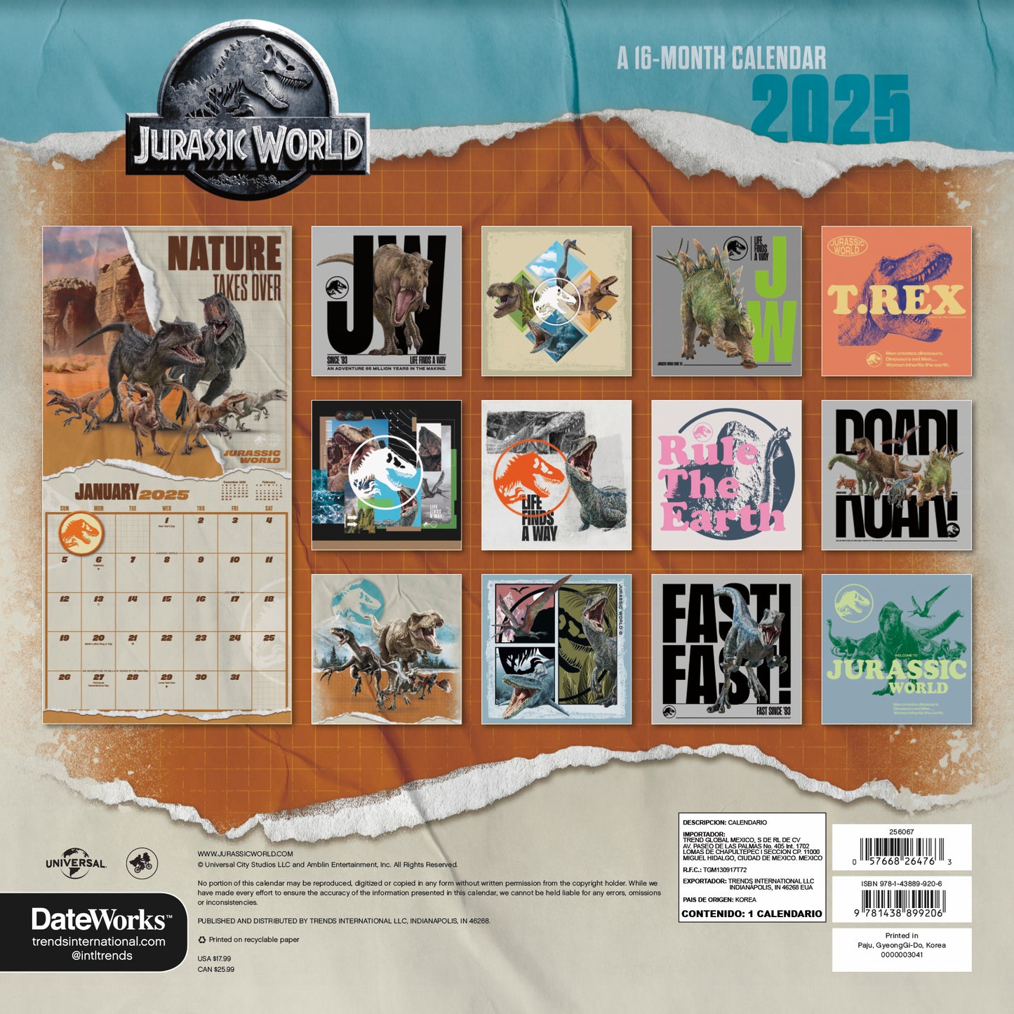 Jurassic World 2025 16-Month Wall Calendar