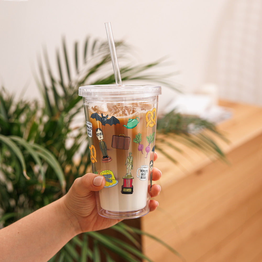 The Office Icons Pattern Clear Plastic Tumbler